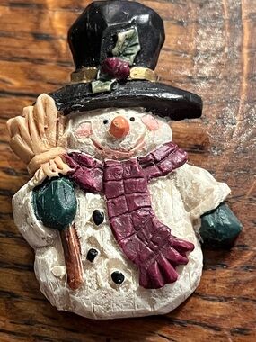 Handcrafted Cream Snowman Ornament with Burgundy Scarf brooch
